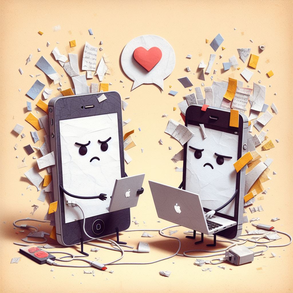 Eine Collage aus Pappstücken zeigt zwei Smartphones mit grimmigen Gesichtern, über denen ein Herz schwebt – sie möchten miteinander kommunizieren, doch es klappt nicht. Vor den Smartphones stehen Notebooks, die sich ebenfalls nicht vernetzen lassen. Aus den Köpfen der Smartphones schiessen Zettel mit Ideen, die jedoch nicht geteilt werden können. Um die Geräte herum liegt ein Gewirr von Kabeln, die auch keine Verbindung herstellen konnten.