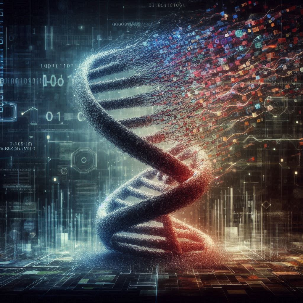 Ein DNA-Strang, zusammengesetzt aus vielen Einzelteilen, beginnt sich aufzulösen. Im Hintergrund sind Nullen und Einsen zu sehen, die den digitalen Fluss der genetischen Informationen symbolisieren. Die Collage-Technik mit bunten Pappkarton-Ausschnitten verleiht dem Bild eine vielschichtige, abstrakte Ästhetik.