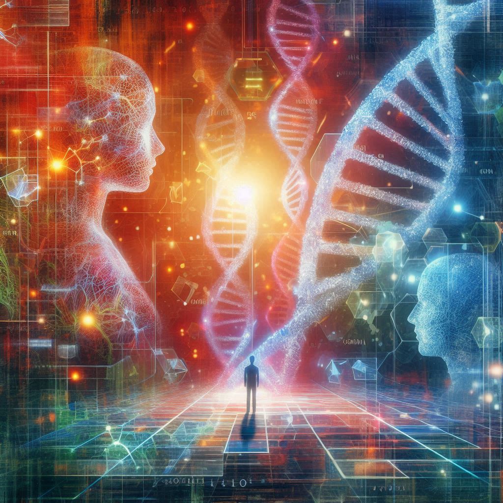 Ein digitales Netzwerk aus leuchtenden Datenströmen mit DNA-Symbolen und menschlichen Silhouetten im Hintergrund. Die Collage-Technik nutzt farbenfrohe Pappkarton-Ausschnitte, die sich zu einer vielschichtigen, strukturierten Darstellung verbinden und eine dynamische Wirkung erzeugen.