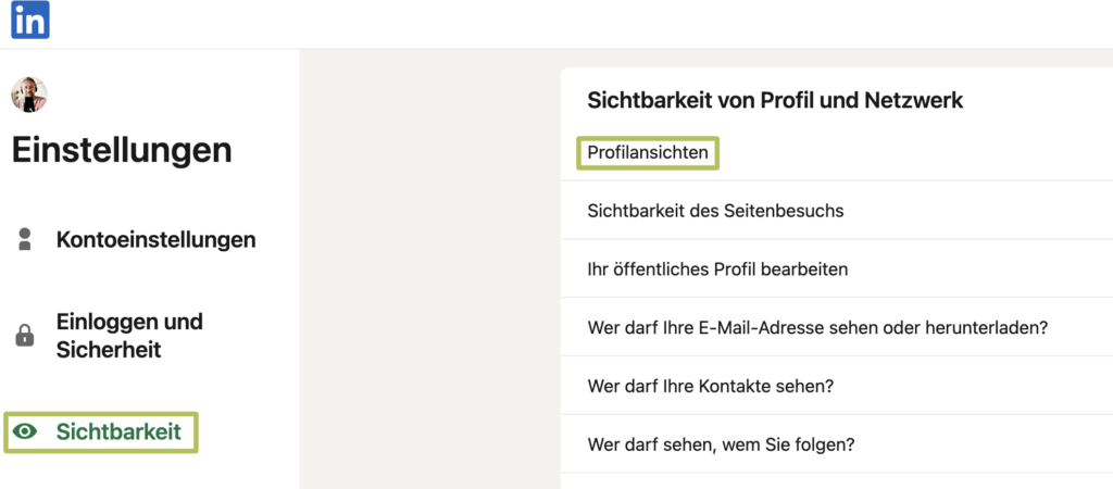 Screenshot der LinkedIn-Einstellungen mit geöffnetem Abschnitt «Sichtbarkeit». Der Unterpunkt «Profilansichten» ist markiert.