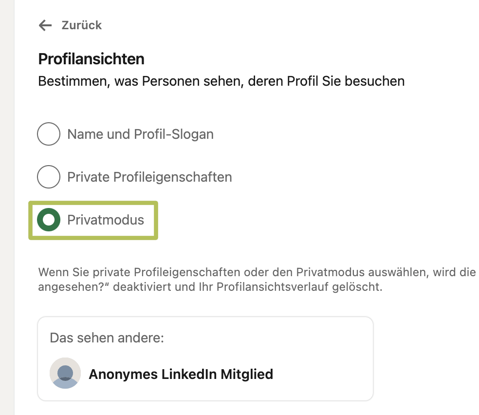 Screenshot der LinkedIn-Einstellungen mit markierter Option «Privatmodus» unter «Profilansichten».