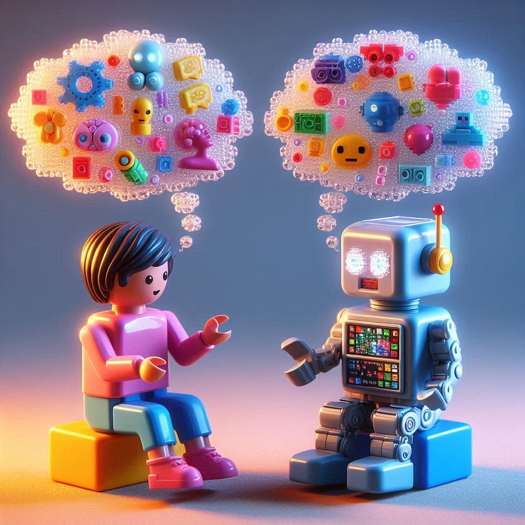 Miniaturdarstellung eines Menschen und eines Chatbots aus transluzenten Cyber-Bausteinen, die sich gegenüber sitzen und angeregt unterhalten. Über ihnen schwebt eine bunte Gedankenwolke mit Symbolen und Ideen. Cartoonhaft, farbenfroh, futuristisch, spielerisch überzeichnet.