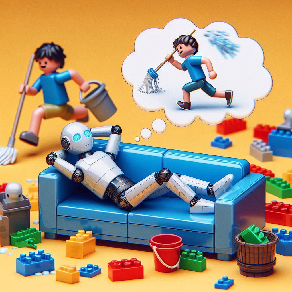 Miniaturszene aus transluzenten Cyber-Plastikbausteinen: Eine KI-Figur liegt entspannt auf einer Couch, während ein schwitzender Mensch daneben mit Kübel und Wischmob den Boden putzt.