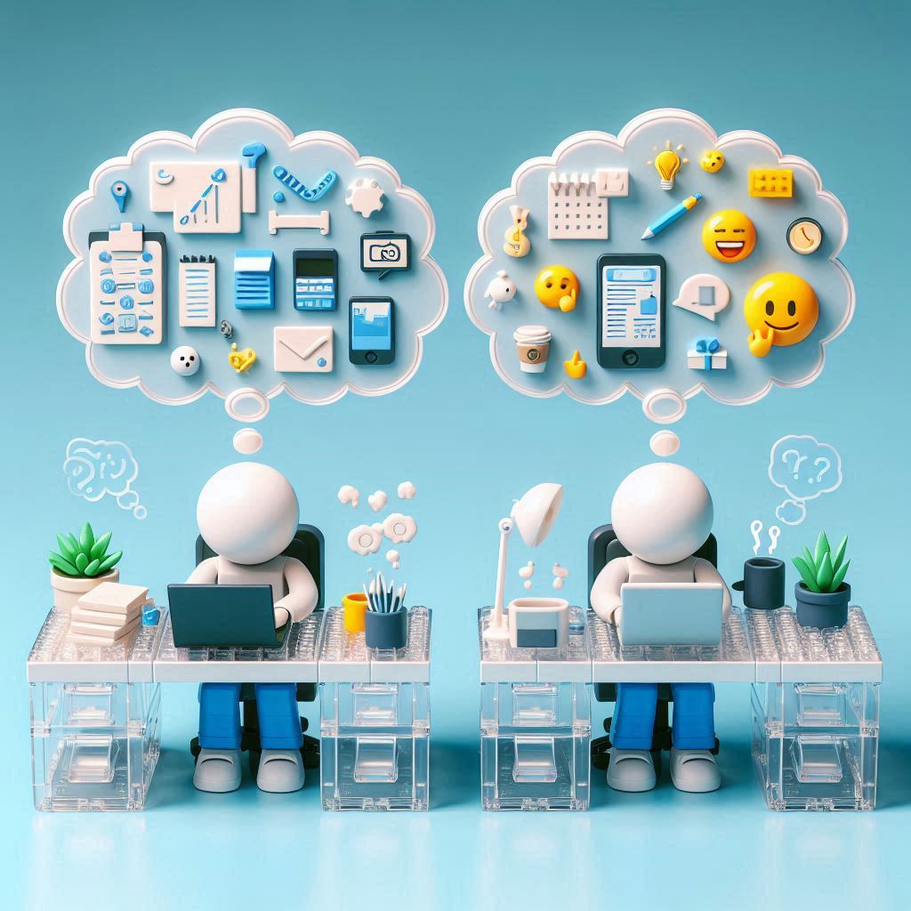 Zwei Figuren, Schreibtisch, transparente Mini-Plastikbausteine, konzentrierte Figur mit Notizen und Diagrammen, entspannte Figur tippt, Gedankenblasen leer oder mit Kaffee, Handy, Emojis, cartoonartig, klare Kontraste, spielerisch, heiter, Mini-Lego-Optik, saubere Linien