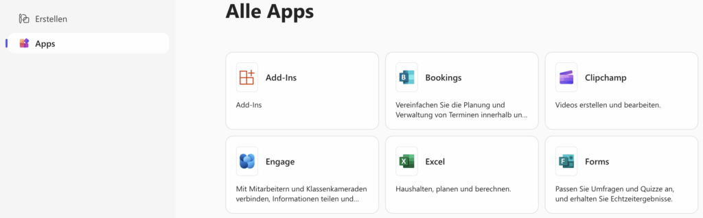 Screenshot der App-Übersicht auf office.com, in der Microsoft Forms neben anderen Microsoft-365-Anwendungen angezeigt wird.