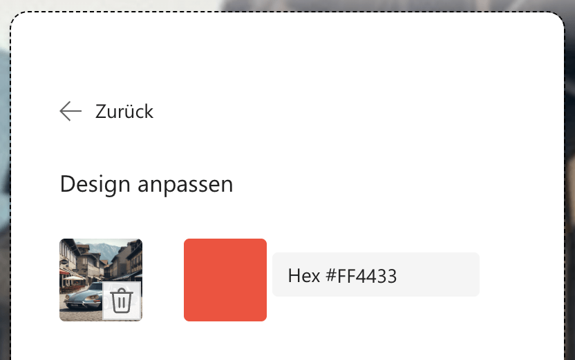 Screenshot des Bereichs «Design anpassen» in Microsoft Forms mit Eingabefeld für einen Hexadezimalwert und Optionen zum Hochladen eigener Bilder oder Auswahl über OneDrive und Bing.