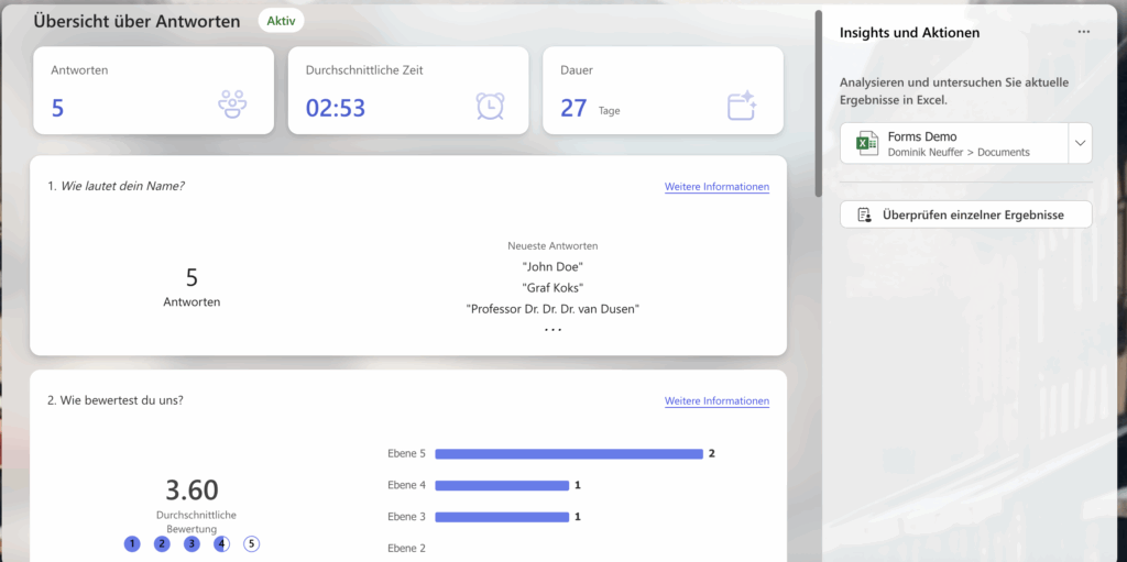 Screenshot der Microsoft-Forms-Auswertungsübersicht. Sichtbar sind die Anzahl der Antworten (5), der Durchschnitt der Bewertung (3.60), die durchschnittliche Ausfüllzeit (02:53) sowie einzelne Namen der Teilnehmenden. Rechts oben befinden sich die Buttons «Weitere Informationen« und «Insights und Aktionen».