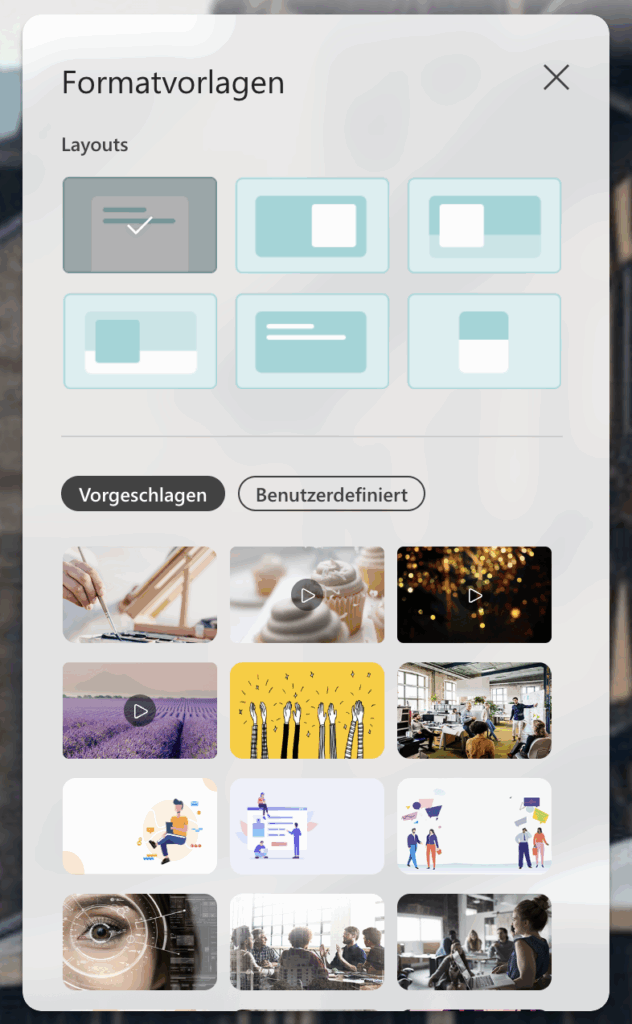 Screenshot der Formatvorlagen in Microsoft Forms mit Auswahl an Layouts und vorgeschlagenen Hintergründen. Zu sehen sind mehrere Thumbnails für unterschiedliche Designs und Farbstile.