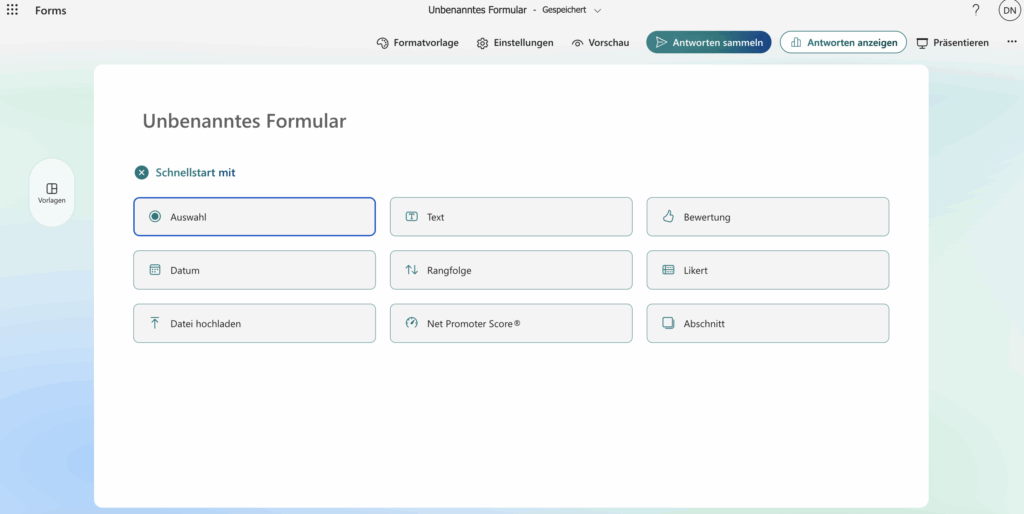 Startansicht eines neuen, leeren Formulars in Microsoft Forms nach Auswahl von «Neues Formular».