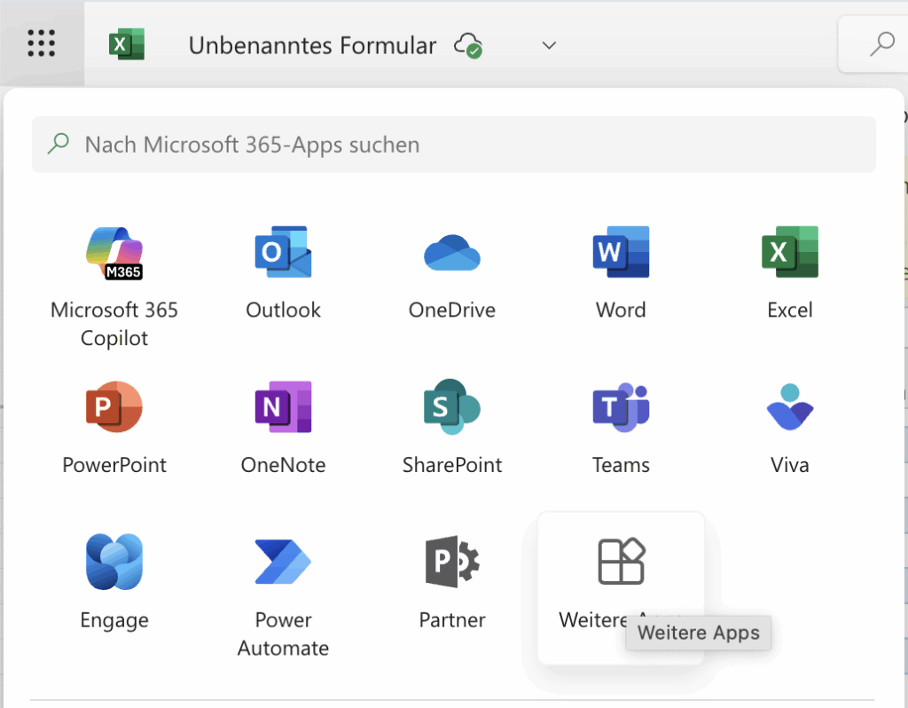 Screenshot des geöffneten Waffelmenüs auf office.com. Die Kachel für Microsoft Forms ist nicht aufgeführt; unten ist die Schaltfläche «Weitere Apps» sichtbar