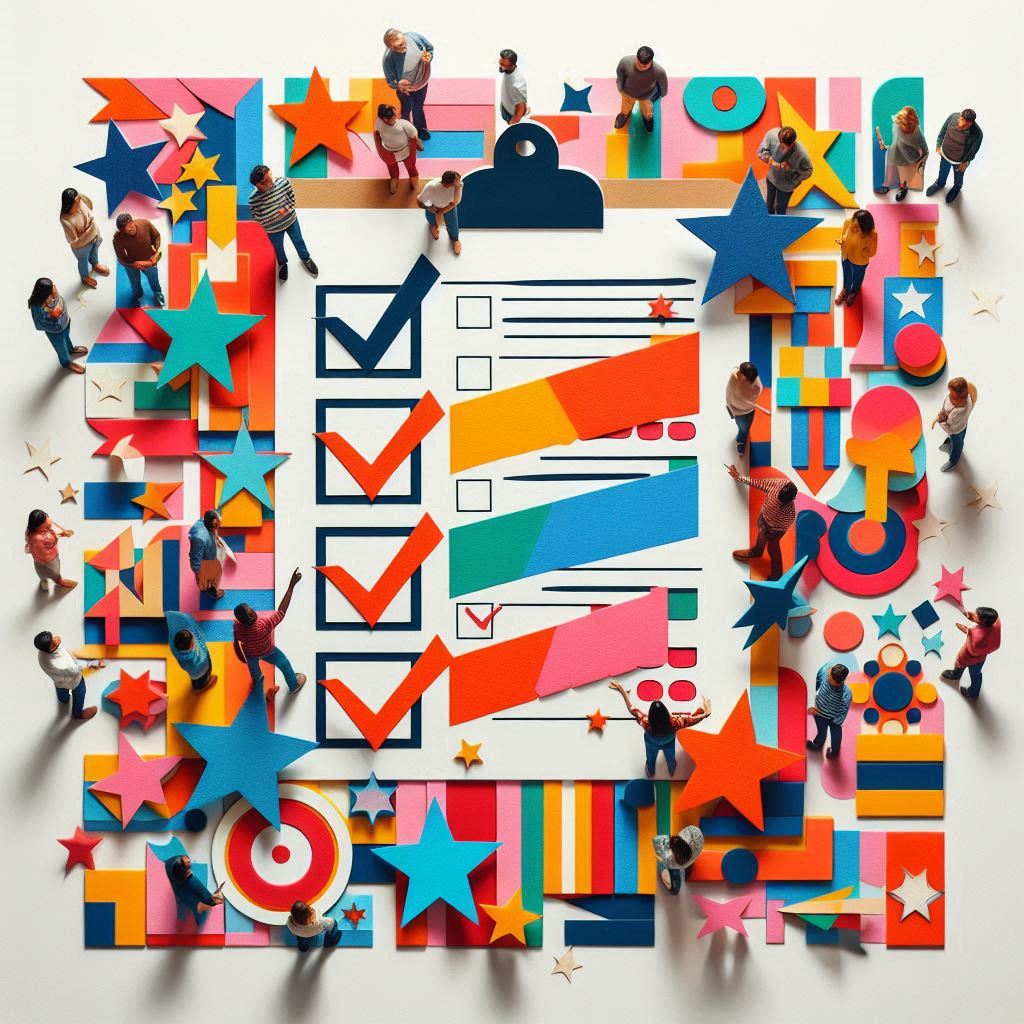 Plakative Collage aus bunten Papierschnipseln und Pappstücken: Menschenfiguren stehen um ein großes Formular, ausgeschnittene Symbole wie Sterne, Pfeile und Häkchen schweben darum, kräftige Farben und sichtbare Schnittkanten erzeugen eine handgemachte Poster-Ästhetik.