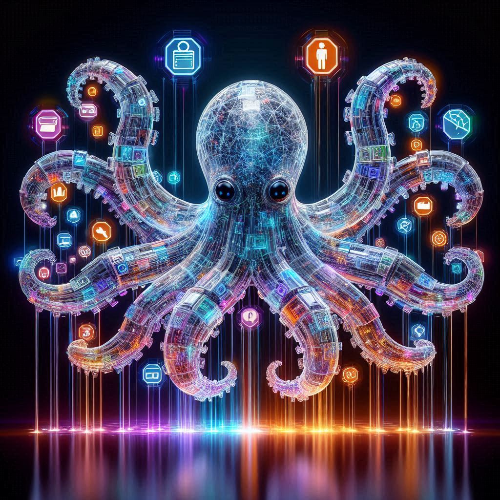 Ein futuristisches, transparentes Krakenwesen aus leuchtenden Cyber-Plastikbausteinen, die an Mini-Lego erinnern. Seine Tentakel verzweigen sich elegant und verbinden pulsierende digitale Symbole wie menschliche Silhouetten, Smartphones und Kreditkarten, die als schwebende Hologramme erscheinen. Die Neonfarben Blau, Türkis, Lila, Orange und Pink heben sich eindrucksvoll vor einem dunklen, leicht schimmernden Hintergrund ab und verkörpern die Verschmelzung von Mensch, Technologie und Datenfluss.