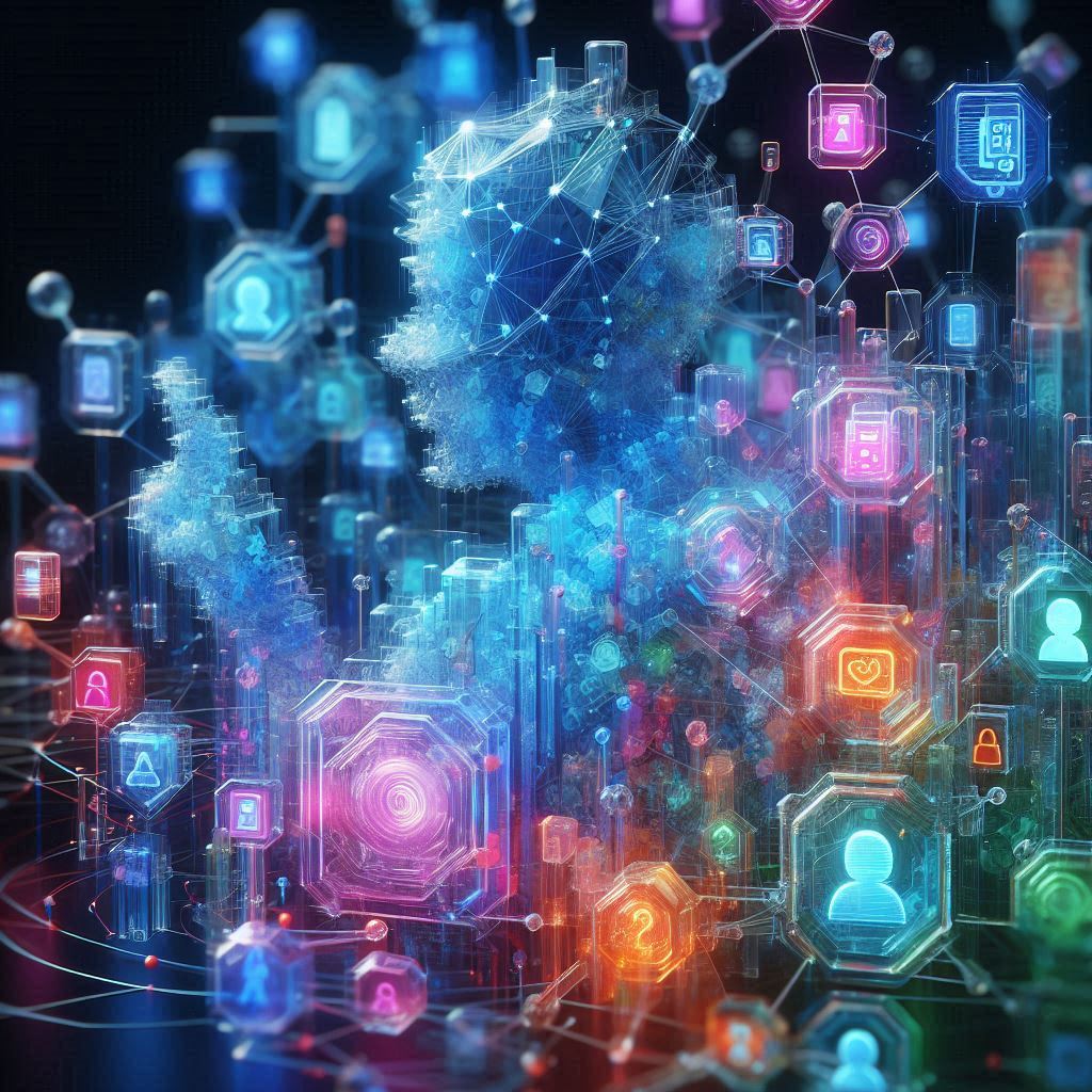 Eine abstrakte Darstellung eines organischen Netzwerks aus transparenten Cyber-Plastikbausteinen, das holografische Symbole verbindet. Es symbolisiert die komplexe und oft undurchsichtige Datenwelt hinter Social Scoring – ein immaterielles Geflecht, das unser digitales Leben durchdringt.