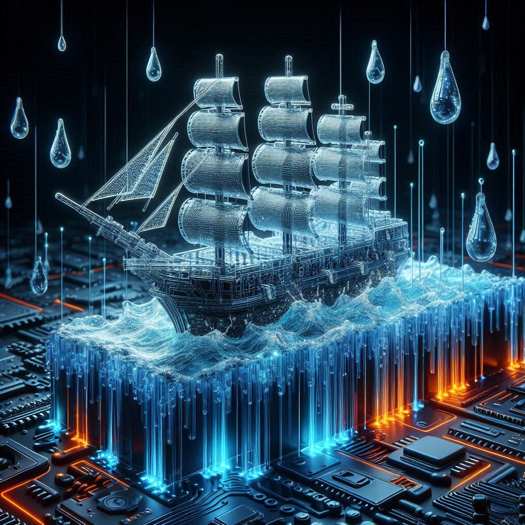 Ein stilisiertes Schiff, das Lecks zeigt, aus denen digitale Datenströme wie Tropfen entweichen. Es segelt auf einem stürmischen Ozean aus Zahnrädern und digitalen Chips. Das gesamte Schiff ist aus transparenten, cyber-inspirierten Plastikbausteinen im Mini-Lego-Stil gefertigt, mit klaren Kanten und glänzenden Oberflächen. Die Neonfarben Blau und Orange setzen markante Akzente vor einem dunklen Hintergrund, der die digitale Welt lebendig macht. Das Bild vermittelt eine spürbare Spannung zwischen Bedrohung und Stabilität.