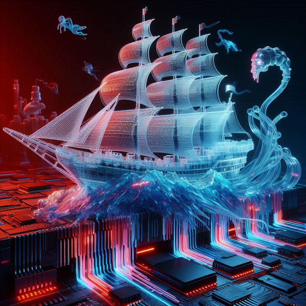 Ein majestätisches, stilisiertes Schiff aus transparenten, cyber-inspirierten Plastikbausteinen à la Mini-Lego, das sicher auf einem digitalen Ozean aus rotglühenden Chips und fliessenden Datenströmen fährt. Kleine Neon-Lecks in Orange und Blau zeigen die Herausforderungen, die das Schiff meistert. Es greifen schattenhafte, geisterhafte Figuren aus denselben Plastikbausteinen mit scharfen Kanten nach dem Schiff. Klare Kanten, glänzende Oberflächen und eine düstere Cyber-Atmosphäre prägen das Bild.