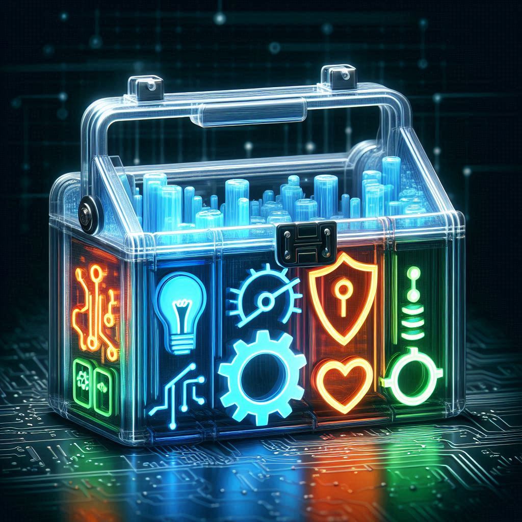 Ein transparentes, cyber-inspiriertes Mini-Lego-Werkzeugset mit leuchtenden Symbolen: Zahnrad, Glühbirne, Schutzschild und Netzwerk-Icon. Neonblaue, grüne und orange Akzente heben die klaren Konturen hervor. Der Hintergrund ist dunkel mit subtilen Datenströmen und Chips, die sanft leuchten, und vermittelt ein digitales, futuristisches Ambiente.