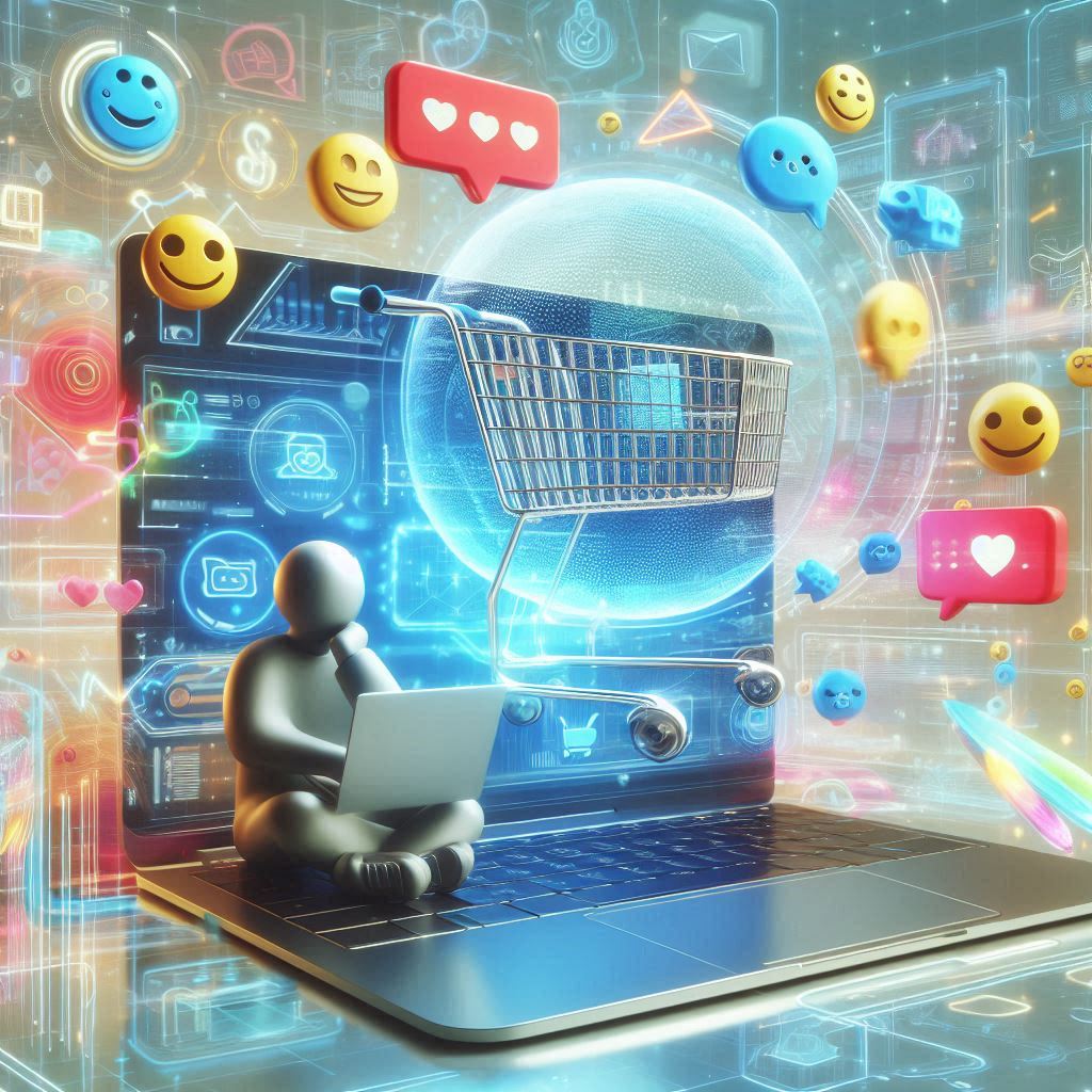 Person tippt im Chat, Produktbilder schweben über Chatfenster, KI-Avatar oder Icons zeigen Interaktion, Cyber-Mikroplastik-Collage, transluzent, futuristisch, Infografik-Stil