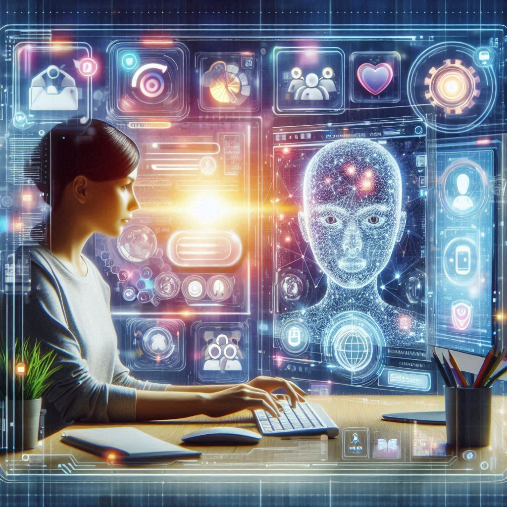 Person tippt im Chat, Produktbilder schweben über Chatfenster, KI-Avatar oder Icons zeigen Interaktion, Cyber-Mikroplastik-Collage, transluzent, futuristisch, Infografik-Stil