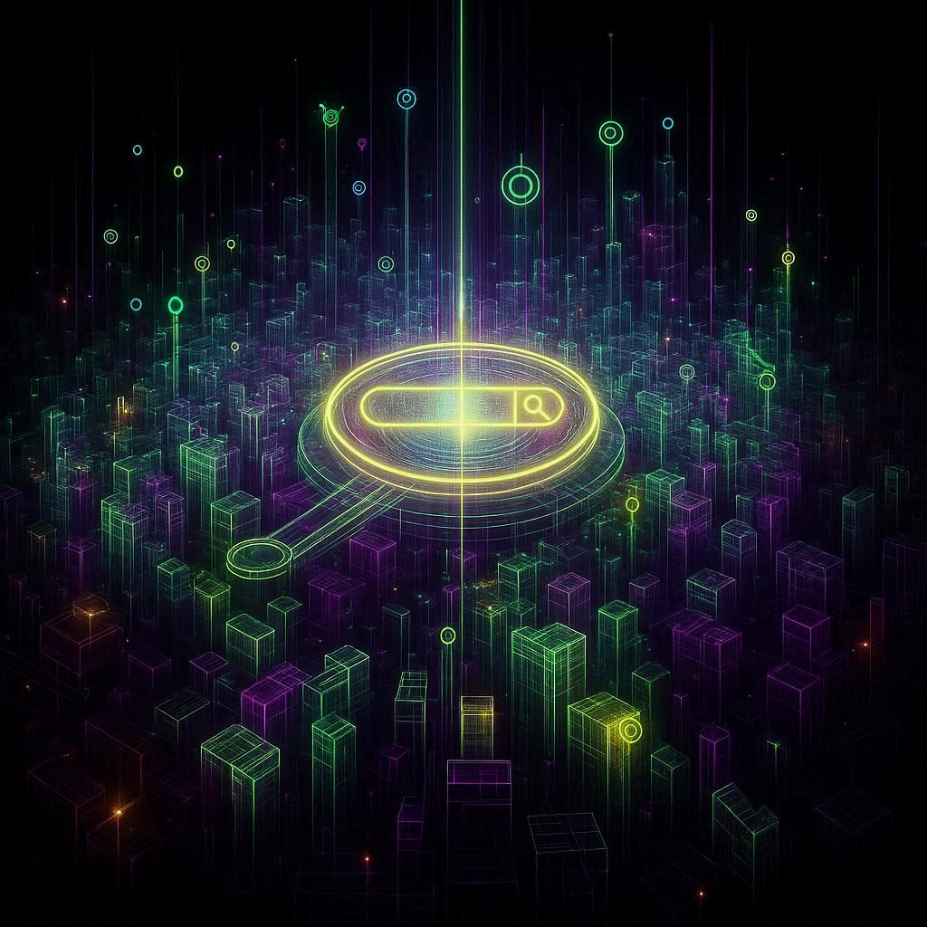 Abstraktes digitales Planetensystem, Zentrale Suchmaschine sendet Licht auf Inhalte, transluzente Mikroplastik-Bausteine, futuristische Neon-Datenlinien, Cyberpunk-Dystopia, symbolisch.