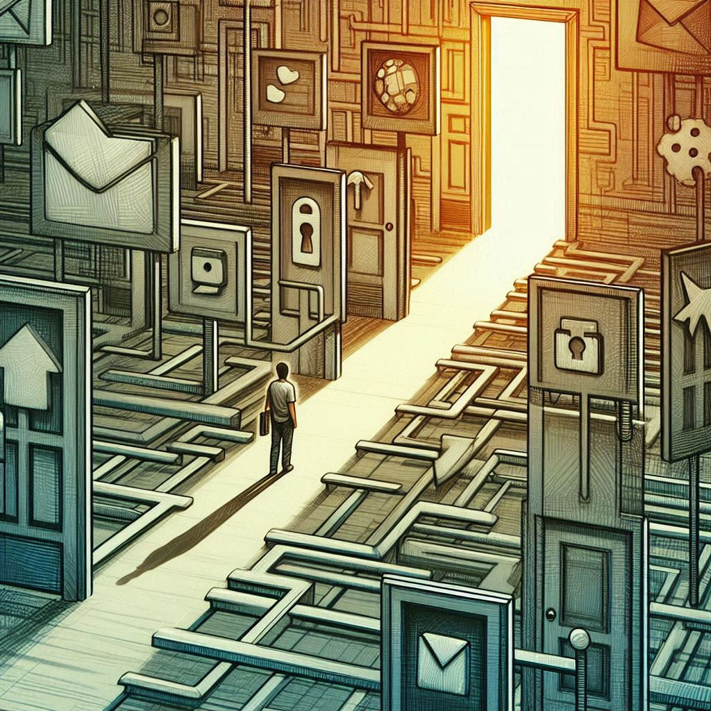 Illustration einer Person in einem Labyrinth aus digitalen Links; wenige Türen öffnen sich zu unerwarteten Entdeckungen; symbolisiert verlorene Serendipität durch AI-gesteuerte Suche.