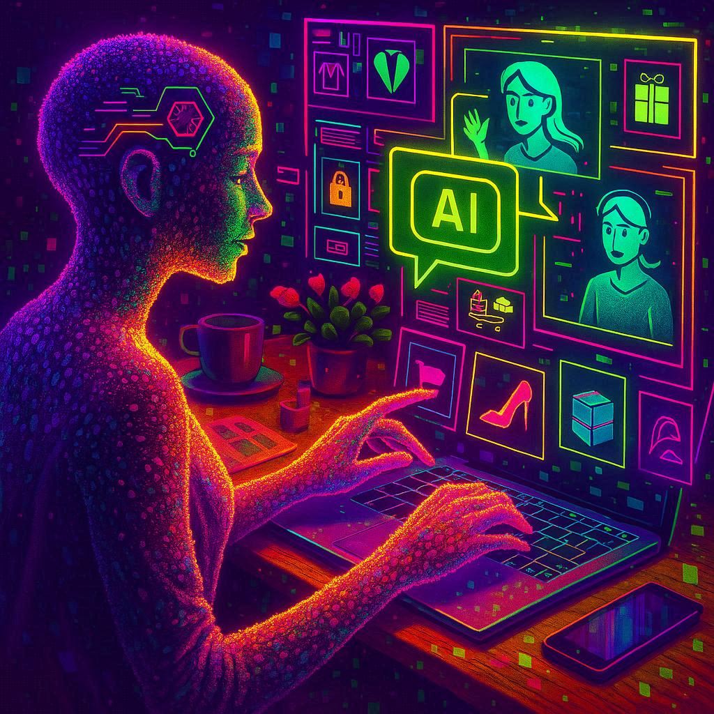 Person tippt im Chat, Produktbilder schweben über Fenster, KI-Avatar interagiert, transluzente Mikroplastik-Bausteine durchziehen die Szene, Cyberpunk-Futurismus, leicht dystopisch, Infografik-Stil