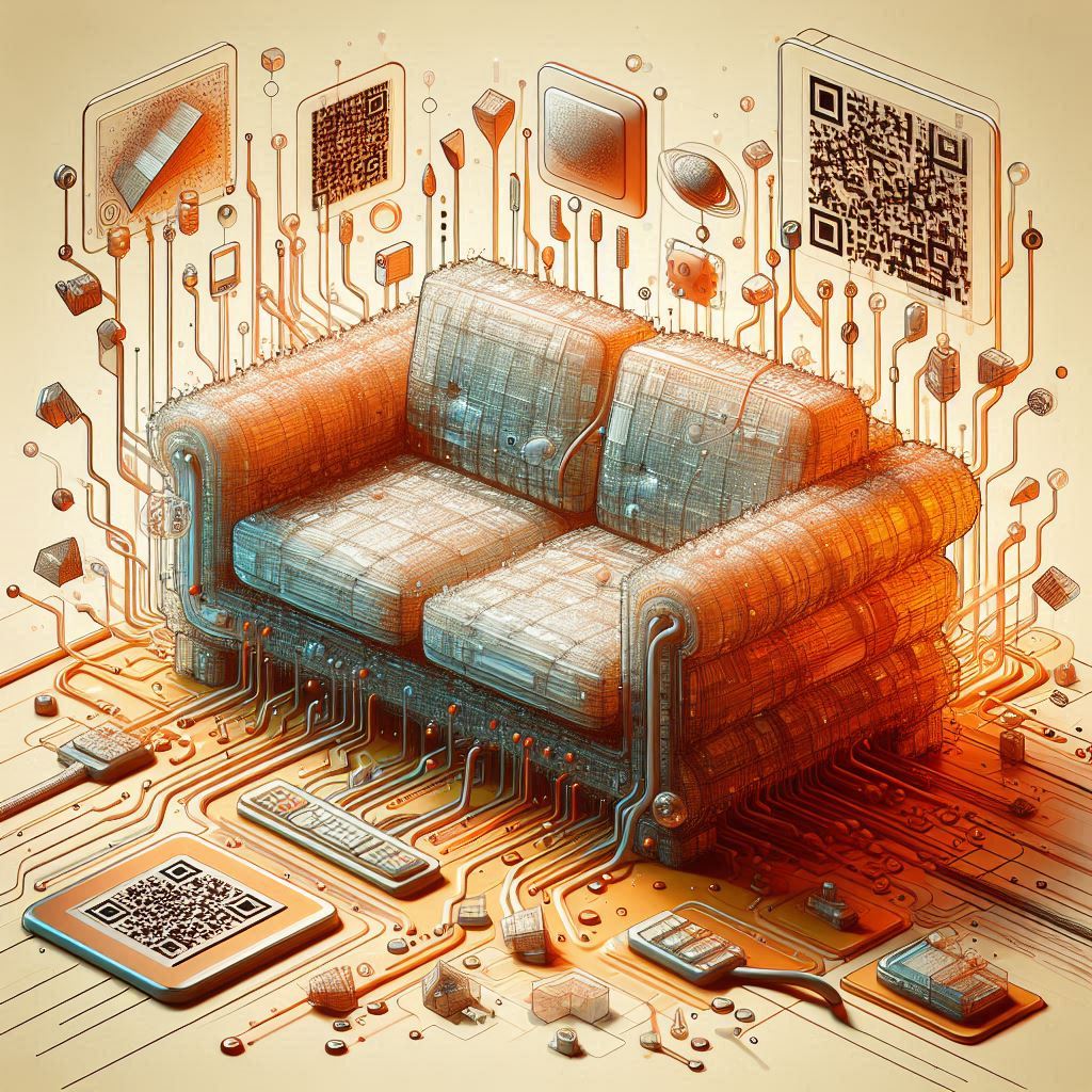 Ein surreal gezeichnetes Sofa aus kleinen, transluzenten Plastikbausteinen, aus dem Kabel, QR-Codes und digitale Partikel herauswachsen. Die Illustration wirkt leicht ironisch und verspielt, mit subtilen Cyberpunk-Anklängen und futuristisch-abstrakten Details.