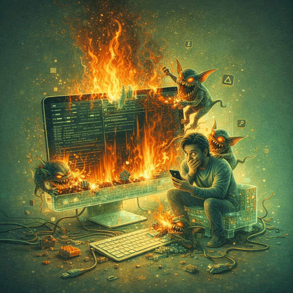 Illustration eines überhitzten Computers, aus dessen Bildschirm Schattenfiguren mit den Symbolen „ZIP“, „.exe“ und „PDF“ kriechen – eine visuelle Metapher für die Eskalation vom harmlos wirkenden Kontakt bis hin zur Schadsoftware, wie sie beim Tutti Betrug zunehmend eingesetzt wird.