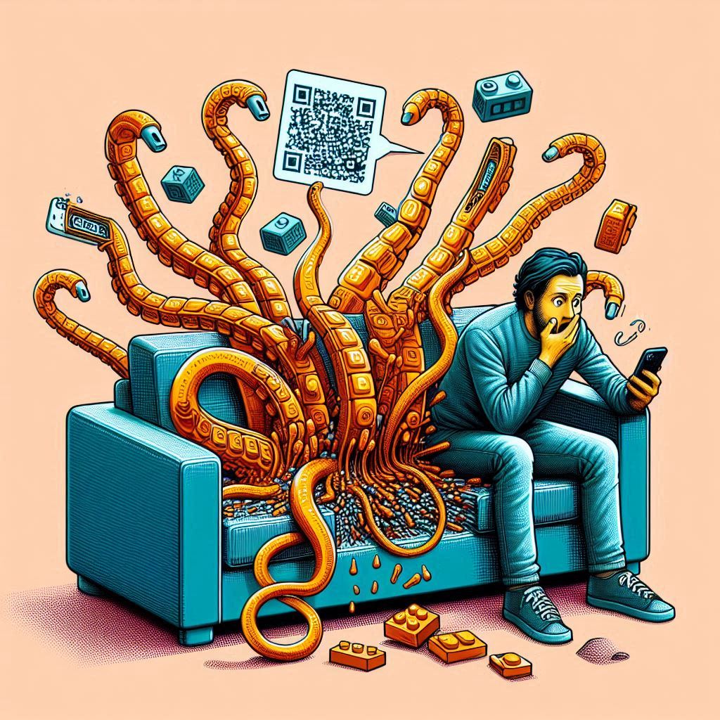 Gezeichnetes Sofa: Die Sitzfläche reisst auf, krakenartige Kabelarme schiessen heraus und schleudern QR Codes und digitale Partikel in die Luft. Daneben sitzt eine Person, erschrocken und belustigt zugleich, mit Blick aufs Smartphone. Die Illustration verbindet spielerische Ironie mit einer düsteren, digitalen Symbolik.