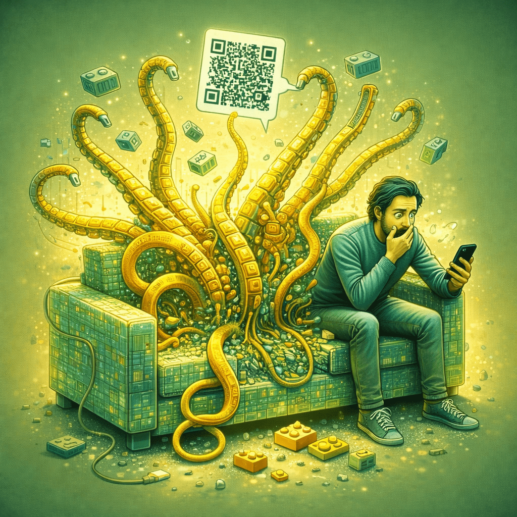 Gezeichnetes Sofa: Die Sitzfläche reisst auf, krakenartige Kabelarme schiessen heraus und schleudern QR‑Codes und digitale Partikel in die Luft. Daneben sitzt eine Person, erschrocken und gleichzeitig belustigt, mit dem Blick aufs Smartphone. Die Illustration verbindet spielerische Ironie mit einer düsteren, digitalen Symbolik – ein visuelles Echo auf die Mechanik des Tutti Betrugs, bei dem aus einem harmlosen Verkauf plötzlich digitale Gefahren hervorschnellen.