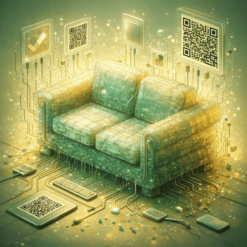 Ein surreal gezeichnetes Sofa aus kleinen, transluzenten Plastikbausteinen, aus dem Kabel, QR‑Codes und digitale Partikel herauswachsen – eine verspielte, leicht ironische Illustration mit subtilen Cyberpunk‑Anklängen, die den Moment visualisiert, in dem ein harmloser Verkauf plötzlich in einen Tutti‑Betrug kippen kann.