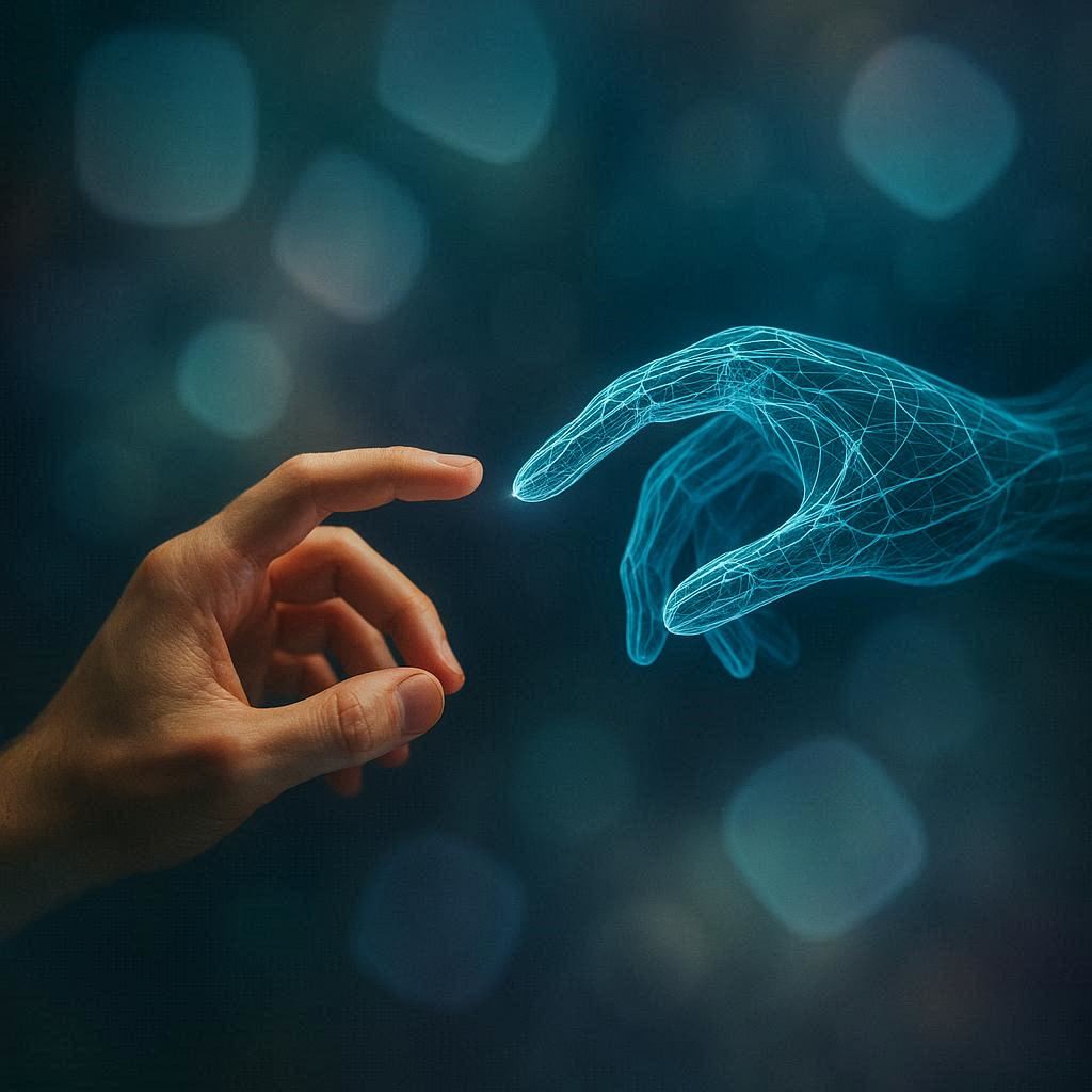 Eine menschliche Hand nähert sich einer halbtransparenten, digital wirkenden Hand aus leuchtenden Lichtlinien. Zwischen beiden Händen bleibt ein kleiner Abstand. Im dunklen Hintergrund schweben weiche, geometrische Formen aus transluzentem, mikroplastikähnlichem Material, die sanft glühen.