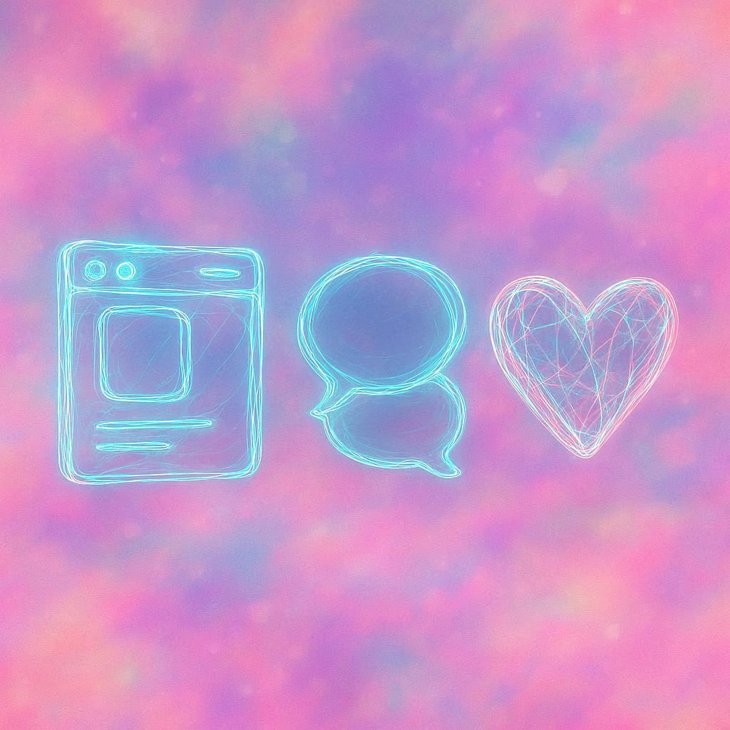 Drei abstrakte Symbole schweben im Dunkel: ein kleines Interface Fenster, zwei Sprechblasen und ein digitales Herz. Alle Elemente wirken halbtransparent und leicht leuchtend, im Stil von cyber-organischem, transluzentem Material.