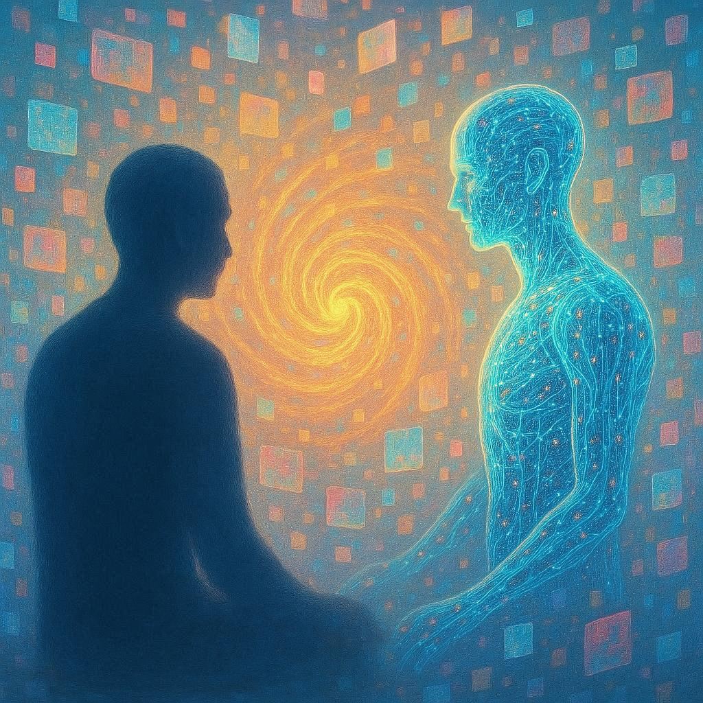 Eine menschliche Silhouette sitzt in einem dunklen Raum. Neben ihr schwebt eine halbtransparente, leuchtende digitale Form. Vor der Silhouette ist ein kleiner Lichtwirbel sichtbar. Im Hintergrund schweben weiche geometrische Formen.