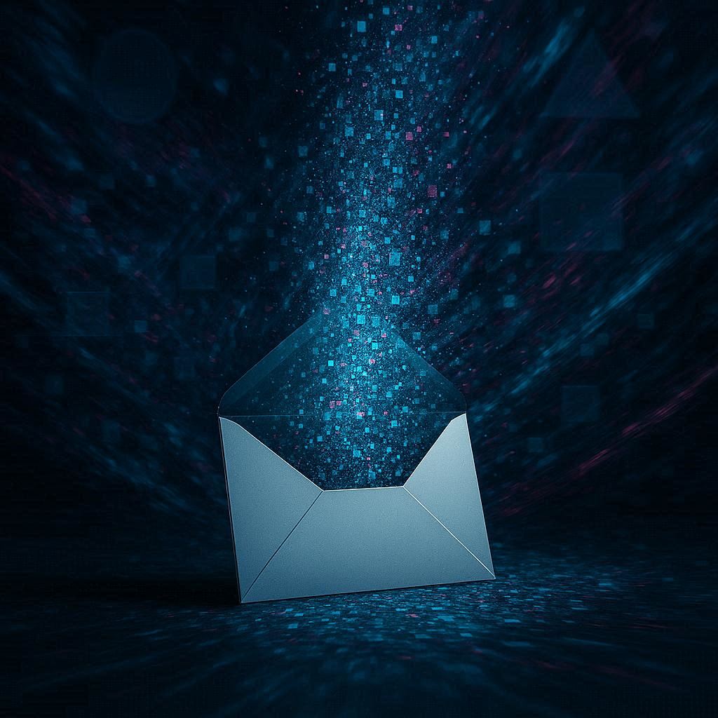Ein geöffneter Umschlag, aus dem leuchtende, halbtransparente Partikel austreten. Im Hintergrund schweben weiche geometrische Formen in einem dunklen Raum.