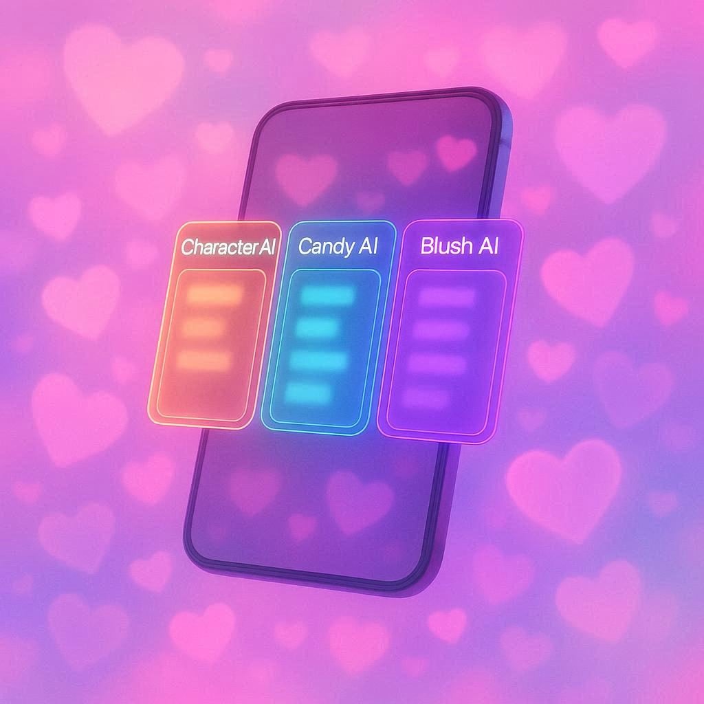 Ein schwebendes Smartphone mit drei farblich unterschiedlichen Tabs, die unscharfe Chatfenster darstellen. Um das Gerät schweben halbtransparente Herzchen, die leicht leuchten.