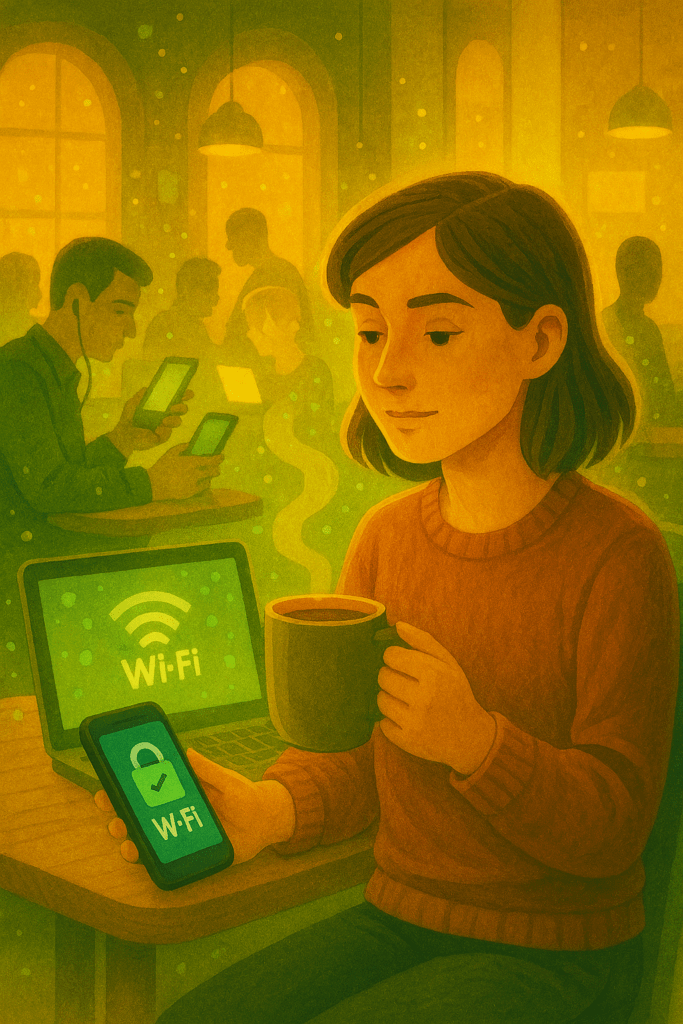 Eine Frau sitzt entspannt in einem belebten Café, umgeben von Menschen, von denen einige leicht zwielichtig wirken. Sie prüft bewusst den WLAN‑Namen auf ihrem Laptop und bleibt ruhig und sicher, obwohl die Gefahr mitten im Raum steht.