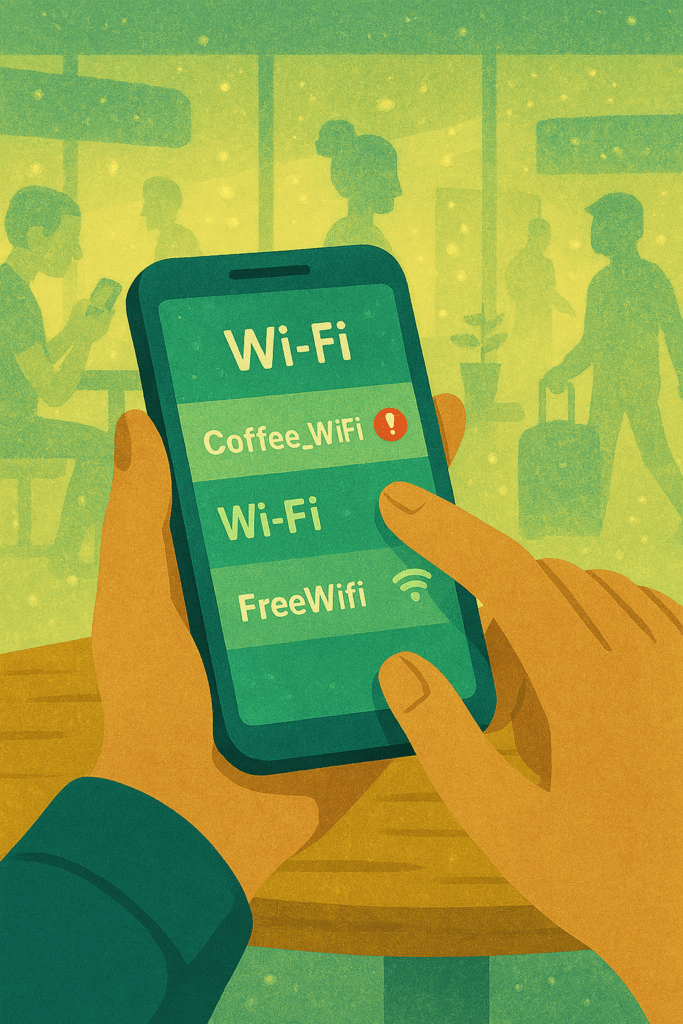 Ein Smartphone zeigt mehrere WLAN‑Netzwerke an. Das offizielle Netz ist grün markiert, ein verdächtiges rot. Eine Hand wählt bewusst das richtige Netzwerk aus, im Hintergrund ein öffentlicher Raum.