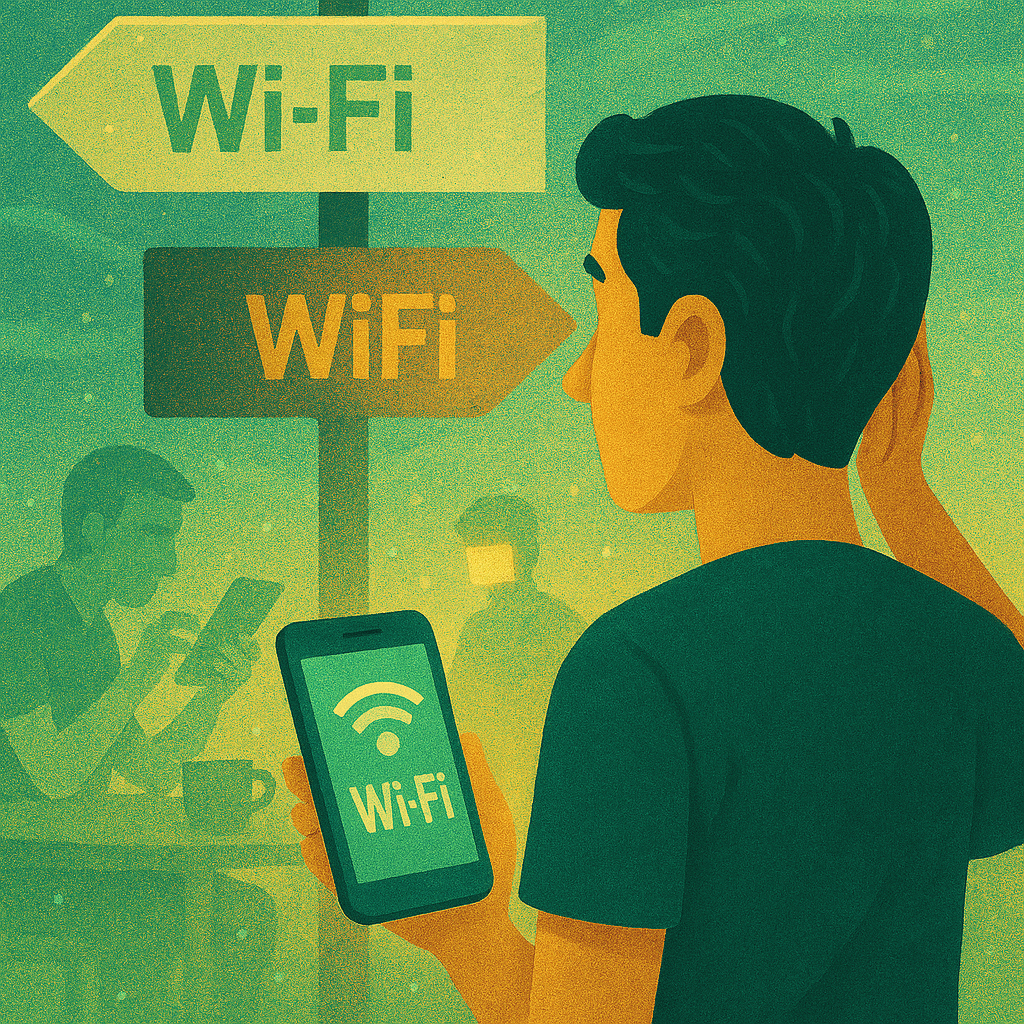 Zwei fast identische WLAN Namen stehen nebeneinander: links der echte, rechts der manipulierte. Zwischen beiden liegt ein subtiler Schatten, der den „bösen Zwilling“ sichtbar macht.