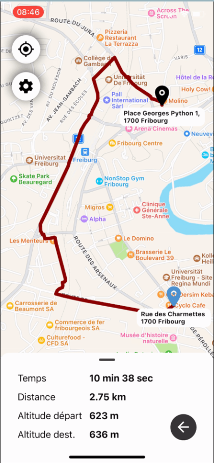 Screenshot einer Demo, die zeigt, wie die Feinstaub-App um stark befahrene Straßen herum navigiert.