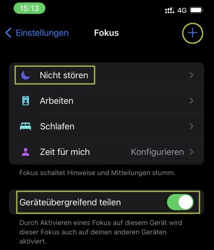 Ein Screenshot, der die verschiedenen Option für einen Fokus in iOS zeigt.
